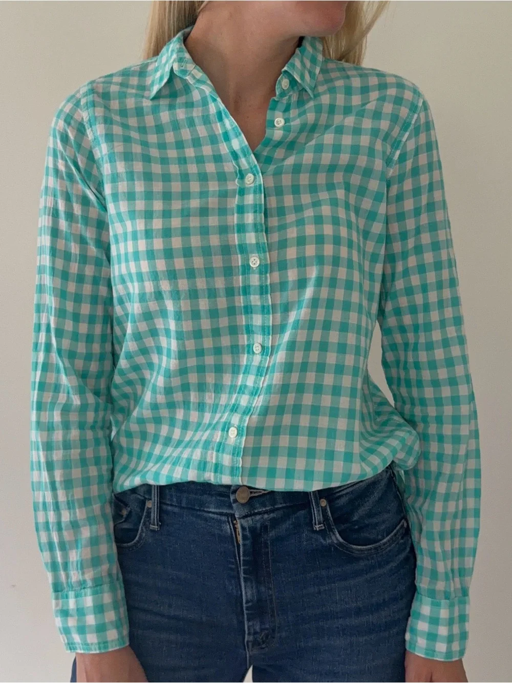 J. Crew Teal and White Gingham Long-Sleeve Button-Down Shirt